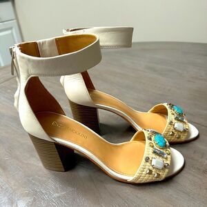 Enzo Angiolini Gavenia, leather and jewel sandals with block heels.
